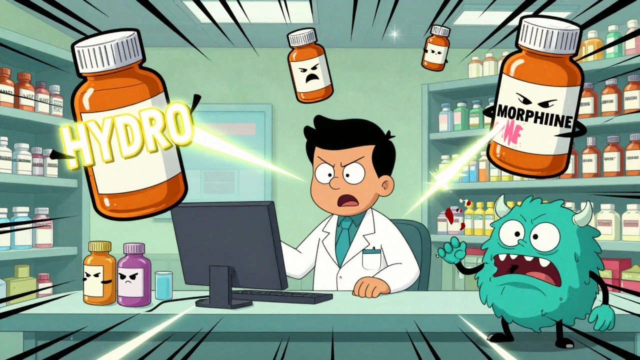 Pharmacist surrounded by angry drug bottles with glowing capital letters and an error monster.
