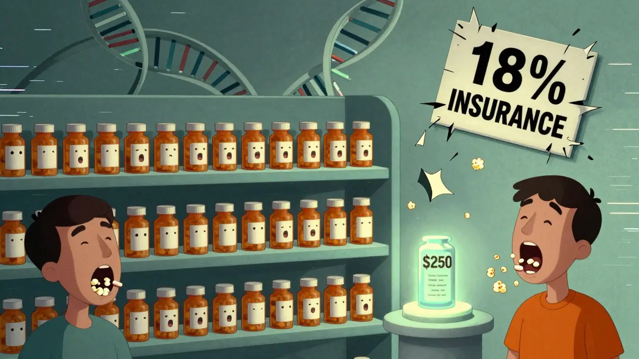 Pharmacy pills screaming as they're swallowed by different people, a test kit glowing in the corner