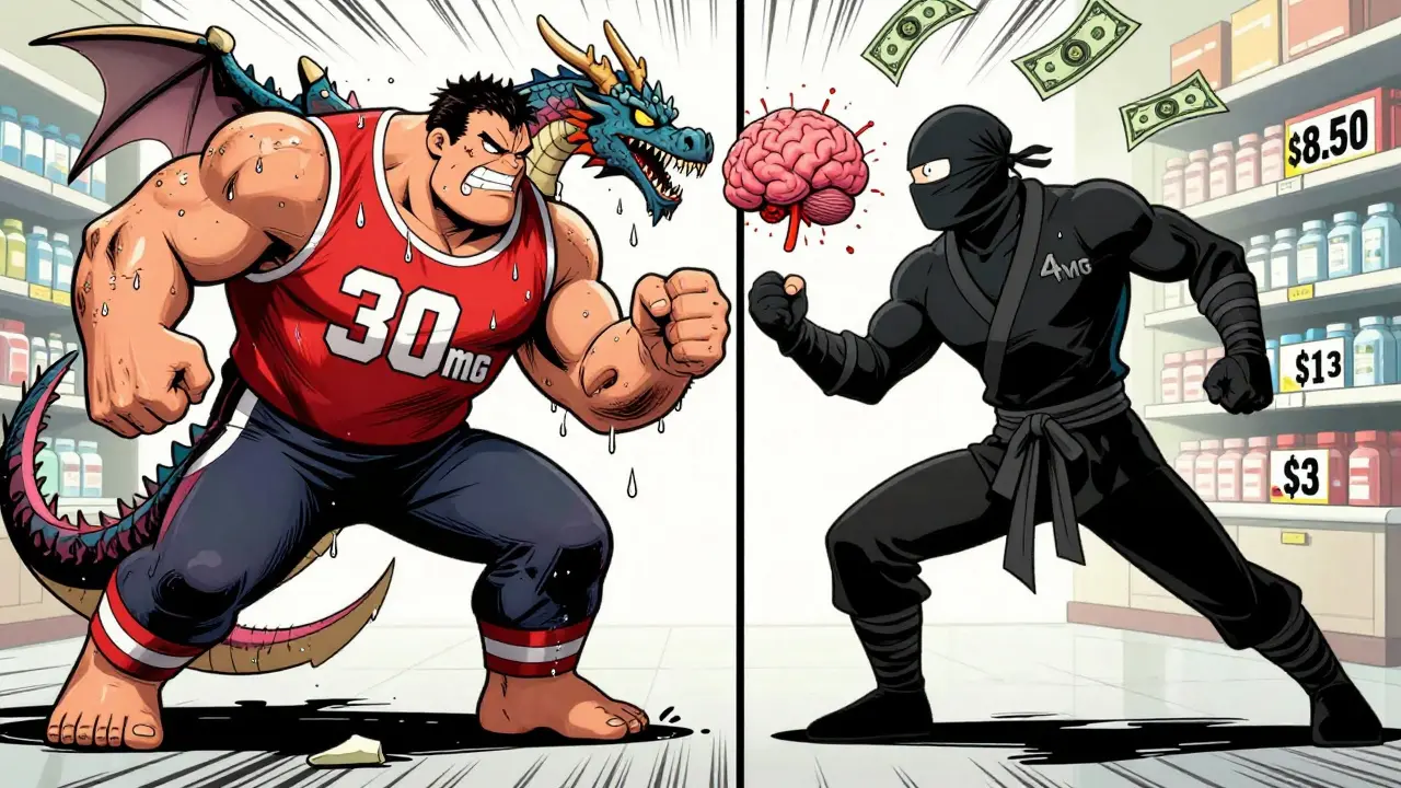 Prednisone battles chronic disease for weeks while dexamethasone strikes once and vanishes, with price tags in background.