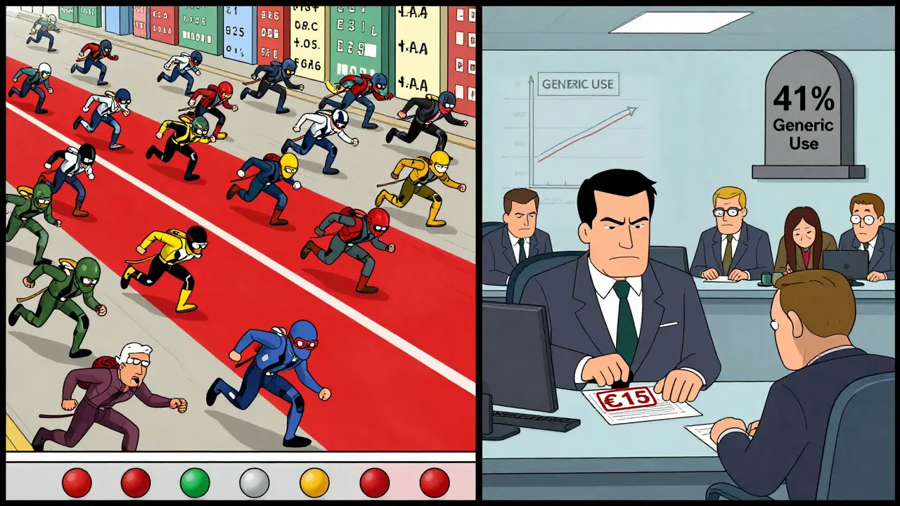 Racing generic drug makers vs. a bureaucrat stamping high European prices in split-screen cartoon.