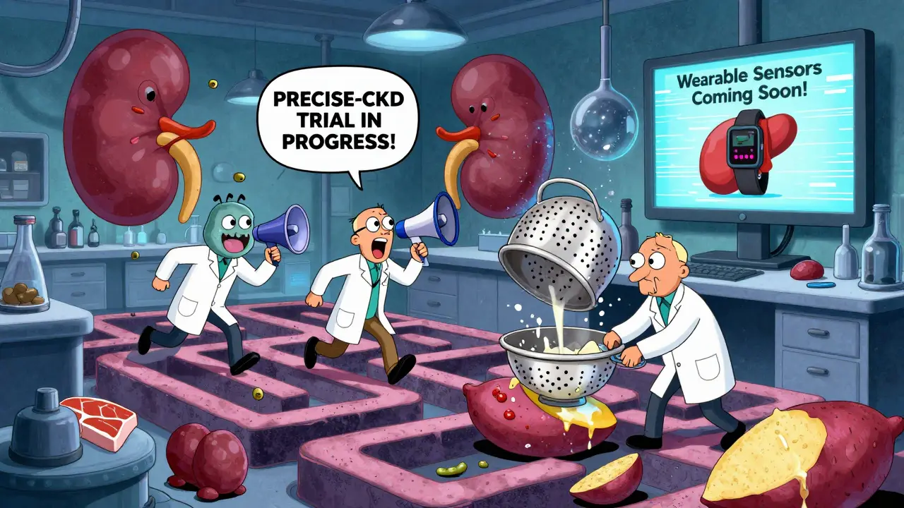 Scientists chasing urea monsters through a kidney maze with beans and meat in a wild lab scene.