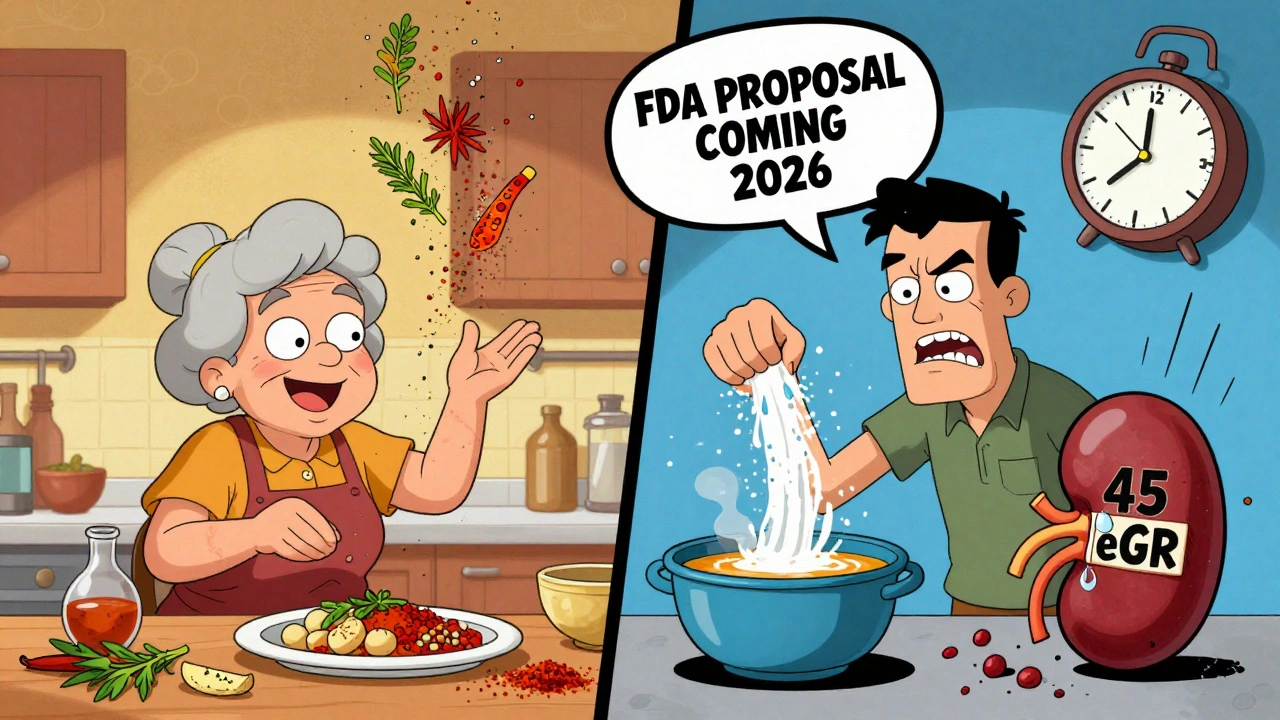 Split scene: one side shows herbs seasoning food, the other shows potassium chloride damaging a crumbling kidney.