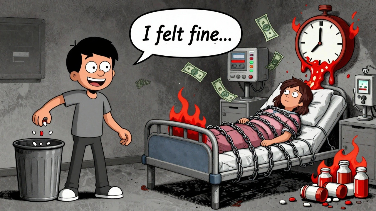 Split scene: person throwing away pills vs. their future self trapped in a hospital, money burning into ash.