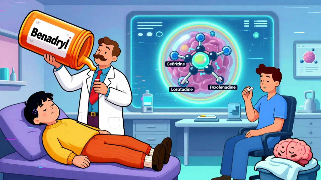 Split-screen: retro drowsy patient vs modern pill with glowing receptor and sleeping brain.