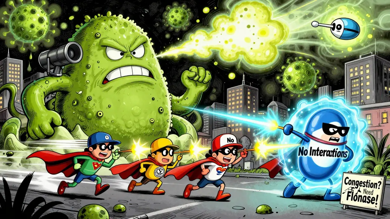 Superhero antihistamines fighting pollen monster, with Flonase sign in corner.