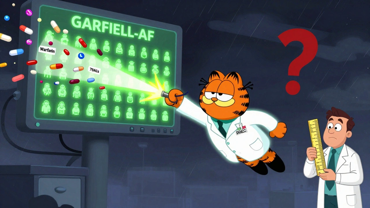 Superhero Ciraparantag reversing all blood thinners into confetti while a massive patient registry glows behind them.