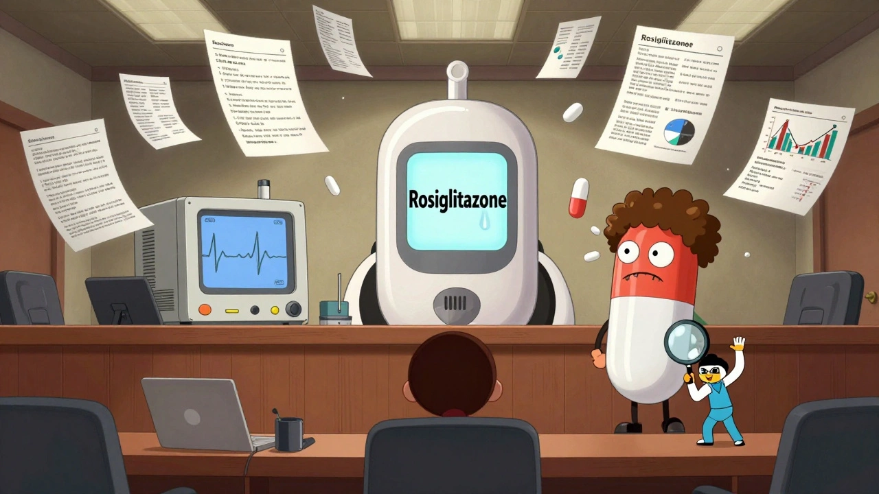 Surreal courtroom trial of a diabetes drug with floating medical charts and 30 million report clouds.