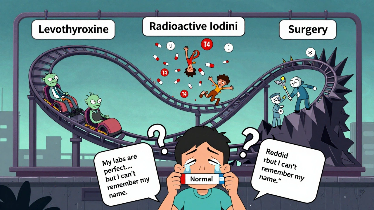 Three wild treatment rollercoasters with patients, a confused person holding a normal blood test, and floating Reddit quotes about thyroid symptoms.