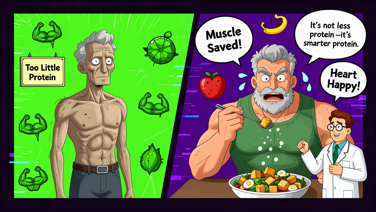 Two versions of an older man: weak from too little protein vs. strong with smart plant-based meals.