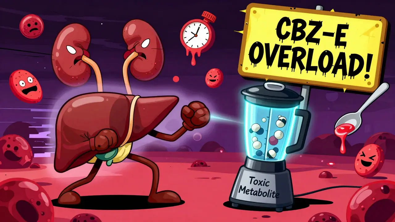 Valproate and carbamazepine fighting in a liver-kidney arena while lamotrigine is blended into toxic metabolites.