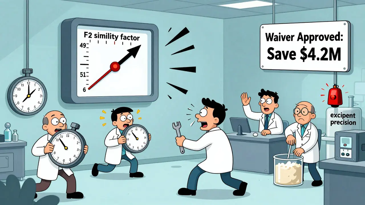 Workers in lab coats measuring tablet dissolution with giant stopwatch and f2 meter