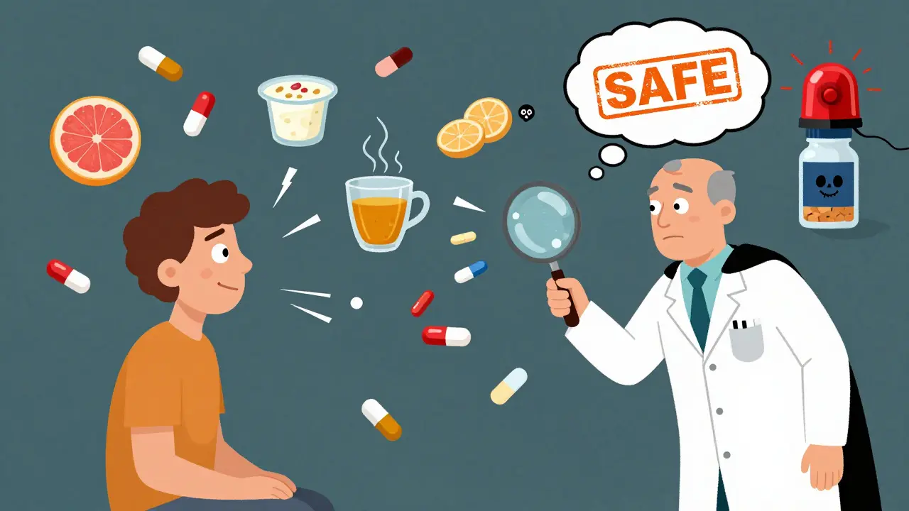 A chaotic scene of pills and foods arguing over drug interactions while a pharmacist scans them safely.