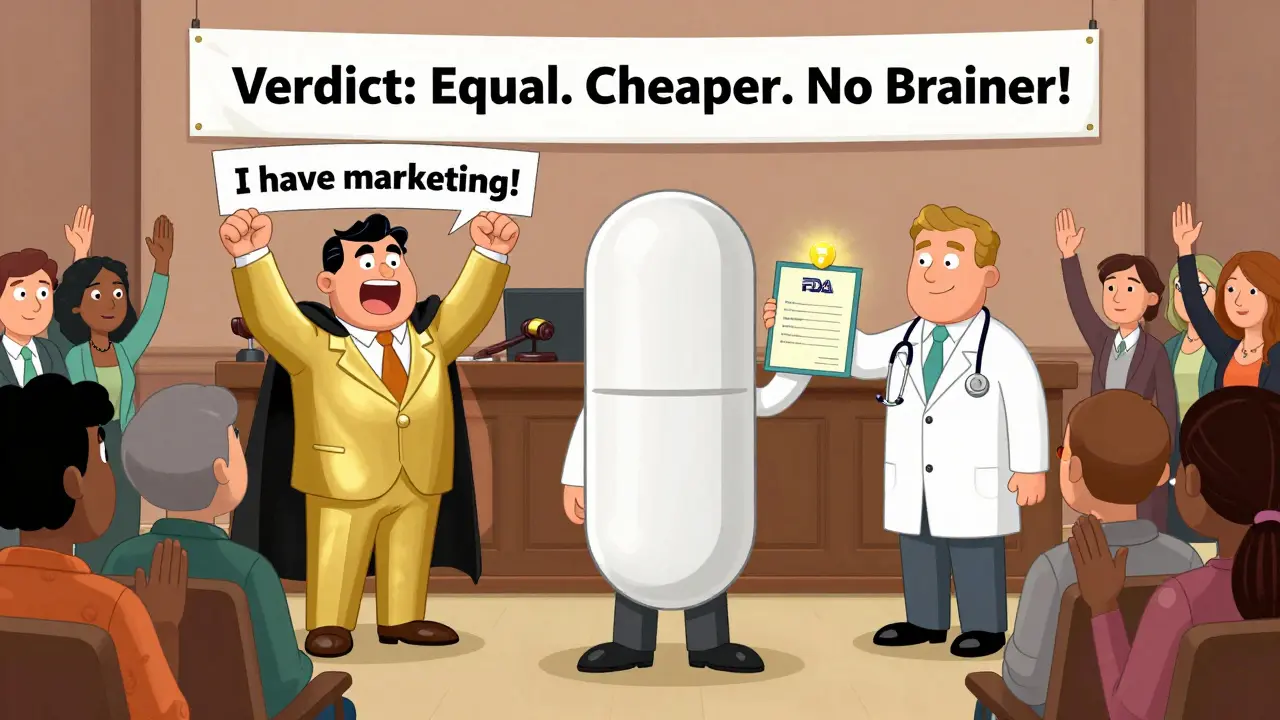 A courtroom where a generic pill is defended against a flashy brand-name drug, with a jury of patients approving.