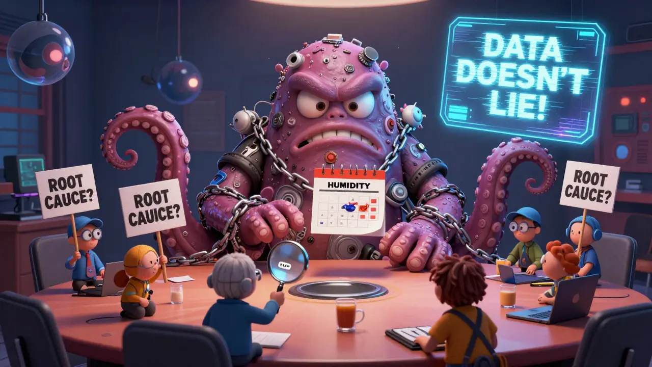 A defect monster being chained by workers during a CAPA meeting with a holographic AI assistant.