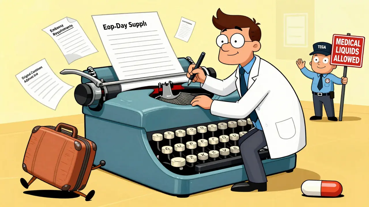 A doctor writes a notarized letter for travel meds while a suitcase runs away with a pill.