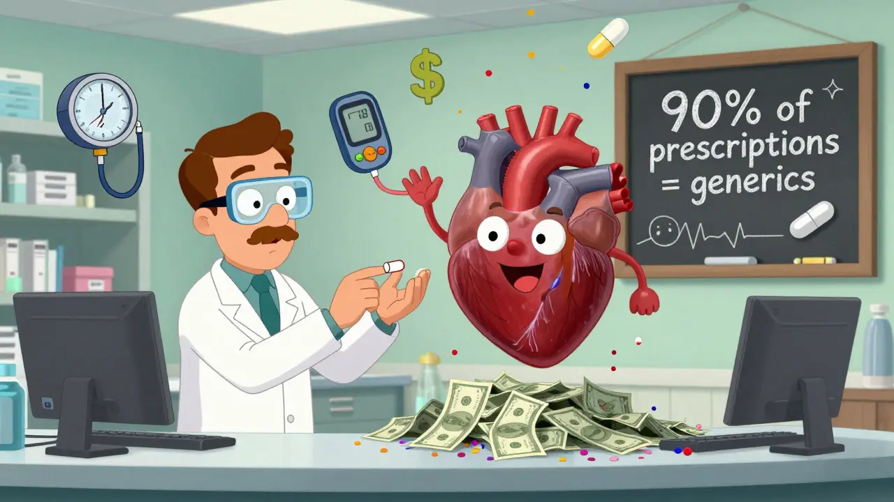 A giant smiling heart receiving a generic pill from a pharmacist, with cash turning to confetti and medical icons becoming dollar signs.