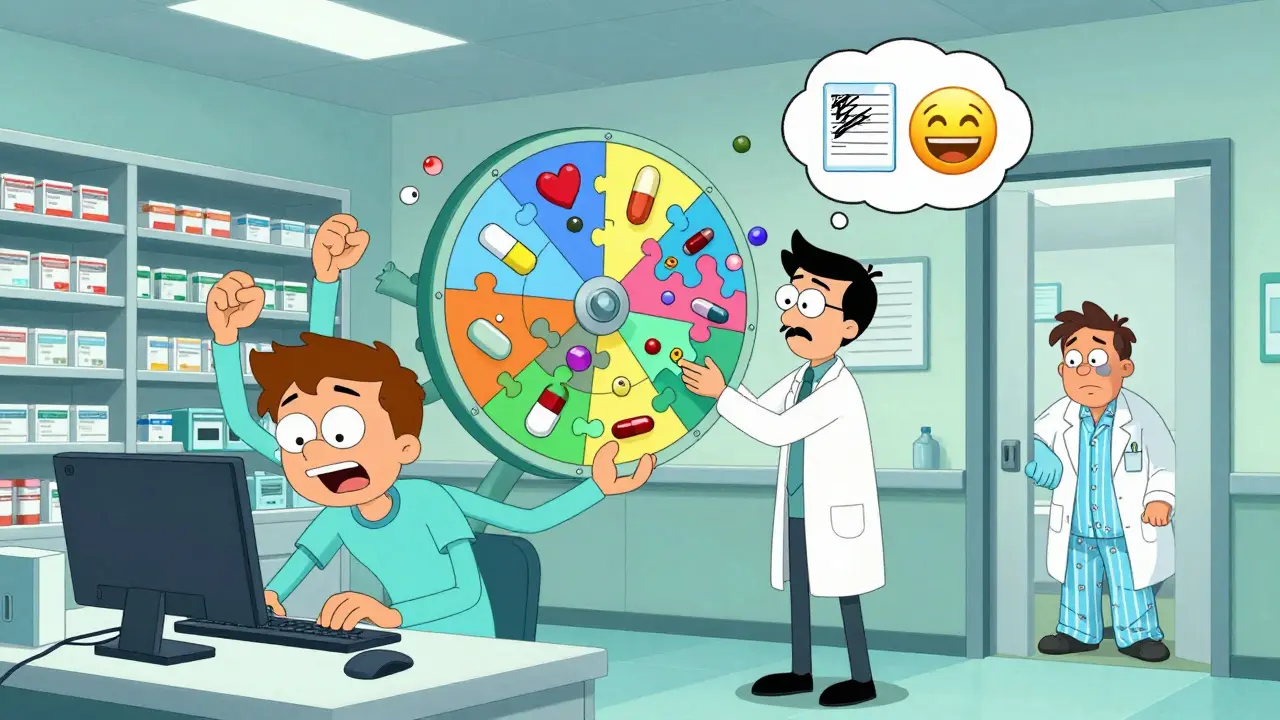 A hyperactive pharmacy team works through the night, with a pharmacist analyzing a spinning medication wheel.