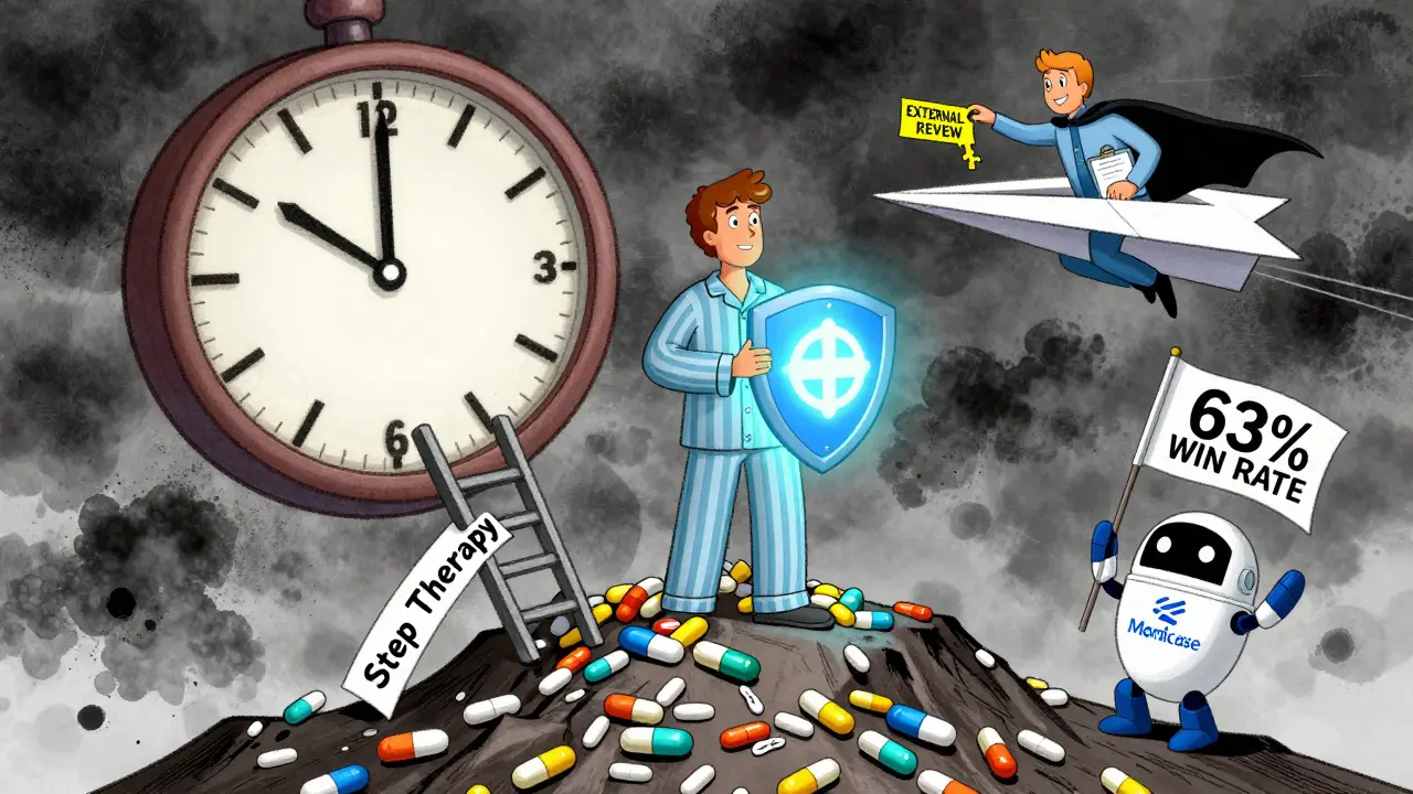 A patient holding an appeal form like a shield, climbing over rejected pills as a patient advocate flies in on a paper airplane.