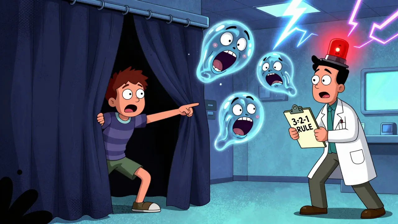 A patient panics as a dark curtain blocks his vision, with flashes and screaming floaters in a surreal emergency scene.