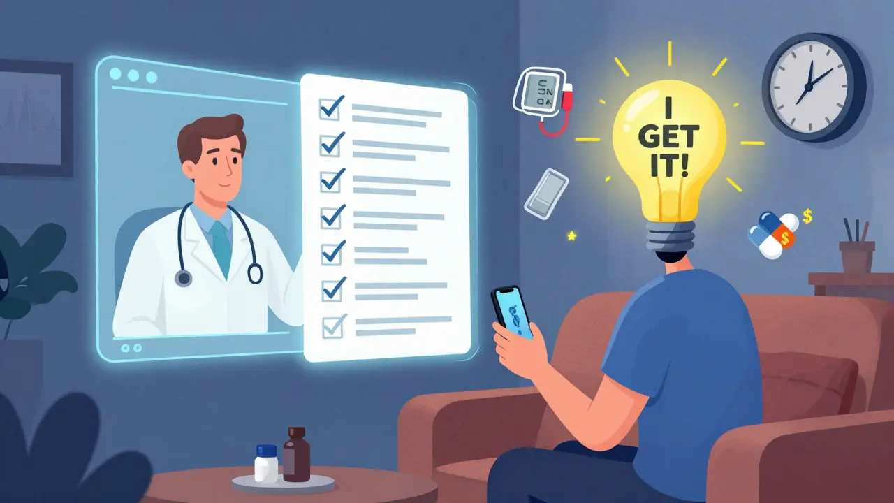 A patient watching a pharmacist video call, with a floating checklist of medication questions turning into a lightbulb.
