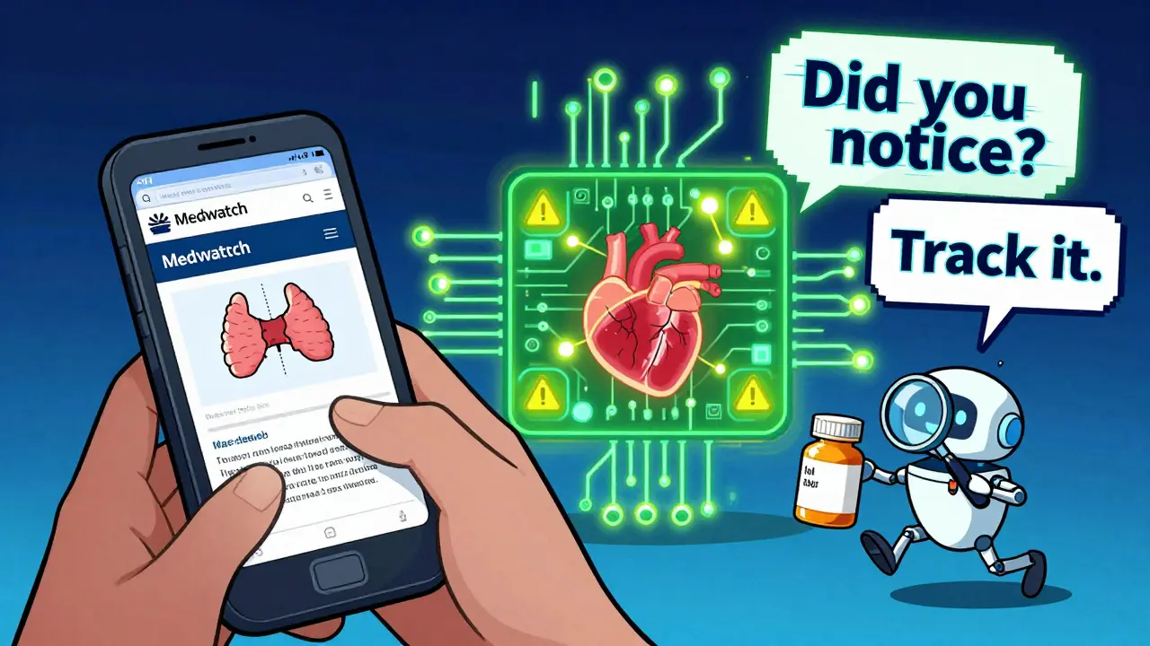 A person's body turns into a glowing circuit board with warning lights as they report side effects via phone.