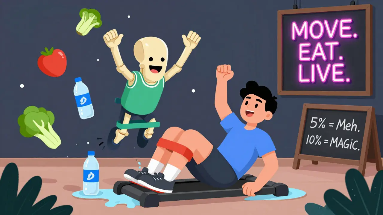 A person doing leg lifts as their hip joint cheers, surrounded by healthy food and exercise symbols in a vibrant cartoon style.