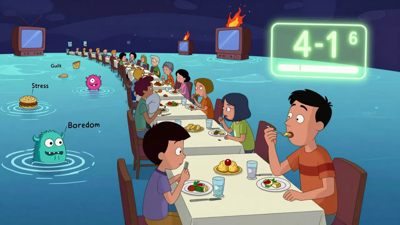 A person eats slowly at an endless table, calming waves erasing junk food monsters labeled with negative emotions.