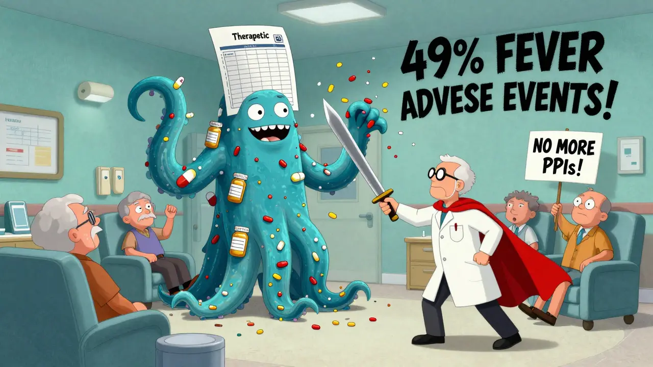 A pharmacist defeats a pill-bottle monster in a nursing home, symbolizing reduced hospital readmissions.