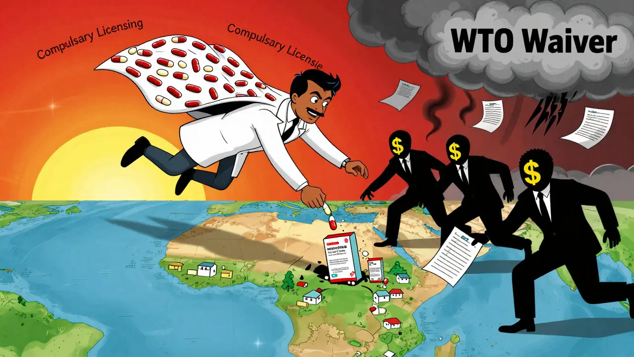 A superhero pharmacist flies over Africa delivering generic medicines while legal documents turn to smoke.