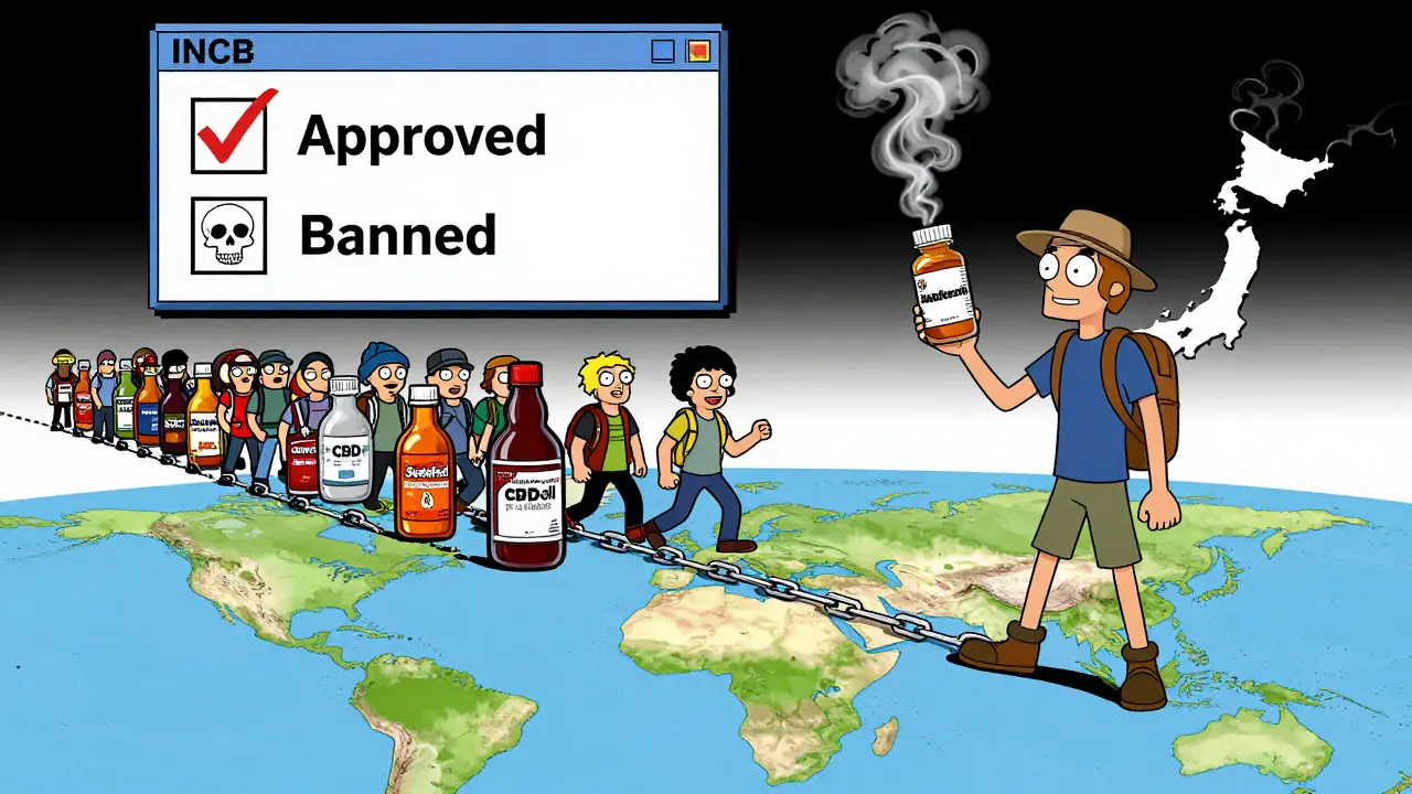 A traveler crosses into Japan with Adderall turning to smoke, surrounded by banned OTC drugs.