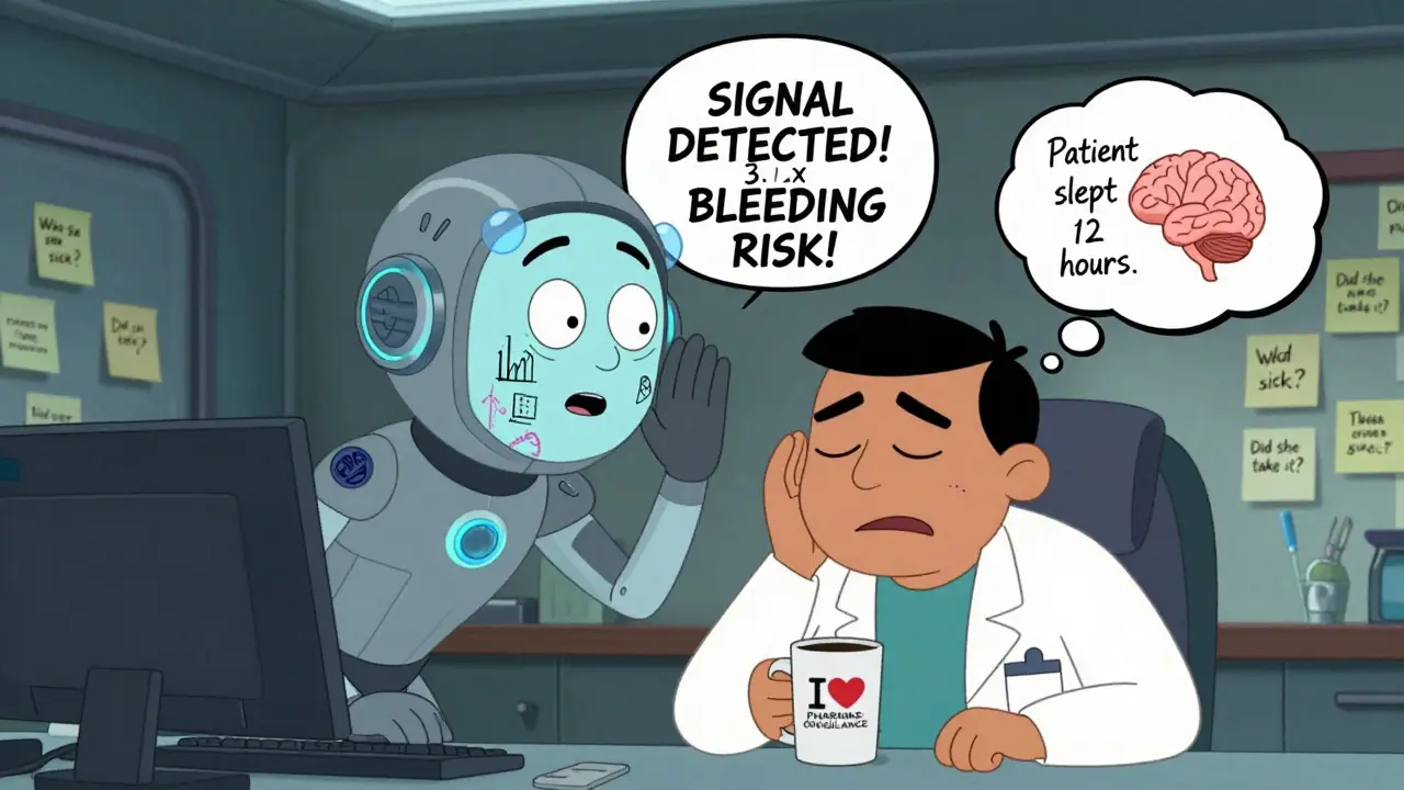 An AI co-pilot whispers a drug risk alert to a tired clinician, who ignores it while reading a handwritten patient note.
