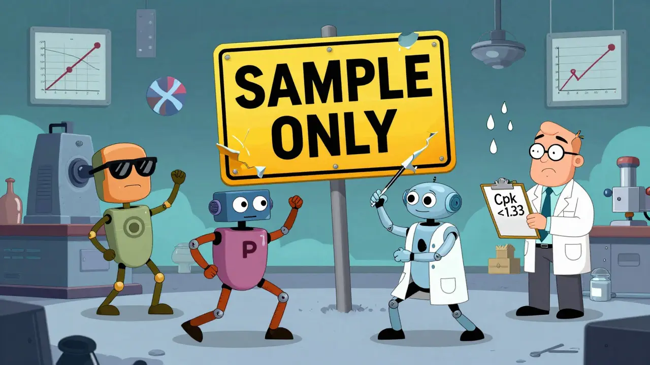 Anthropomorphic quality control tools dancing against a crumbling sampling sign in a surreal factory.