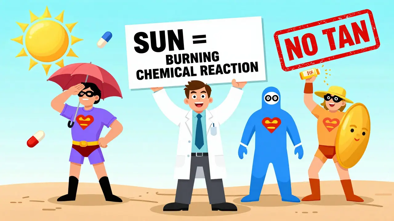 Dermatologist holding warning sign as patients wear sun-protective gear like superheroes against a fiery sun backdrop.