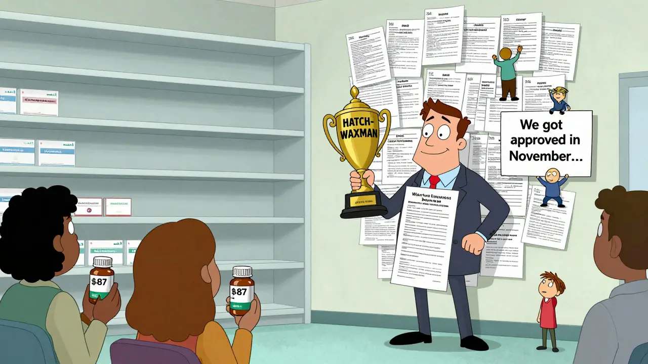 Empty pharmacy shelves with patients holding expensive brand drugs while a patent-paper CEO smirks.