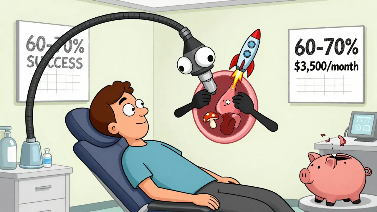 ENT specialist using giant endoscope to reveal polyps and immunotherapy rocket inside nose.