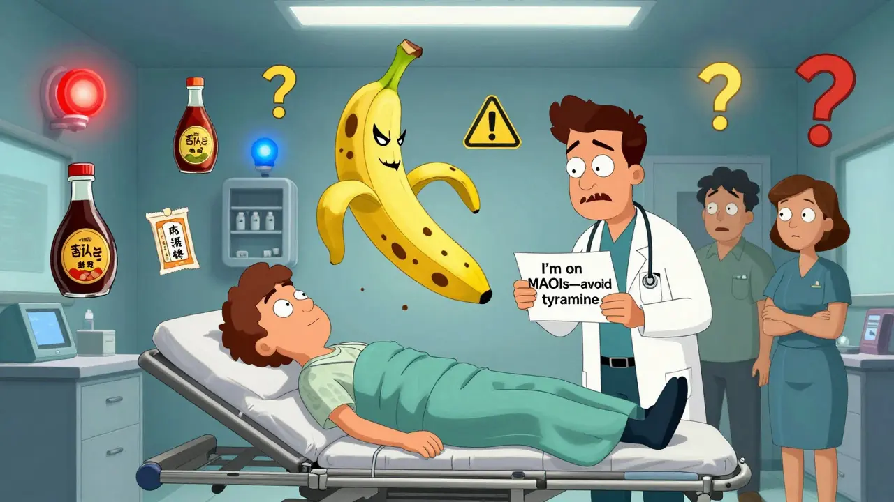 ER scene with a villainous overripe banana and doctor holding a MAOI warning card.