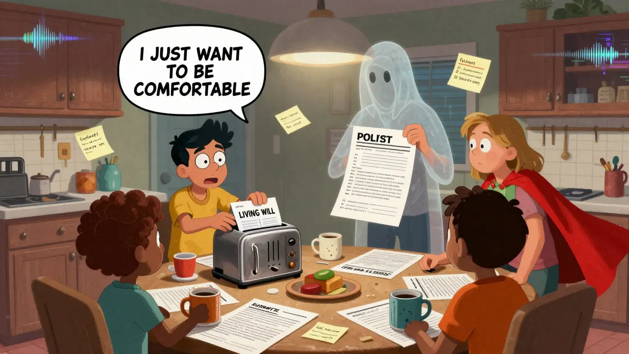 Family arguing over legal forms at a kitchen table with ghostly voice bubble saying 'I just want to be comfortable' in chaotic cartoon scene.