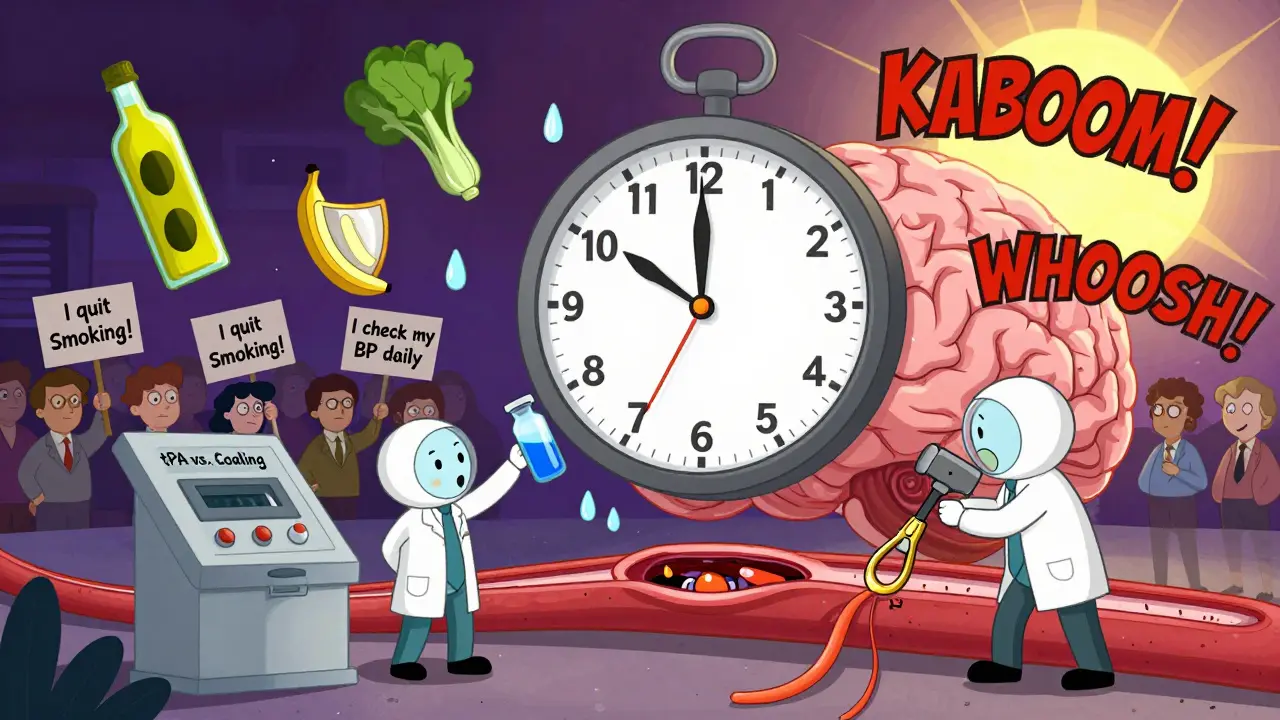 Giant brain-clock ticking down as doctors argue over stroke treatments, people holding healthy lifestyle signs in background.