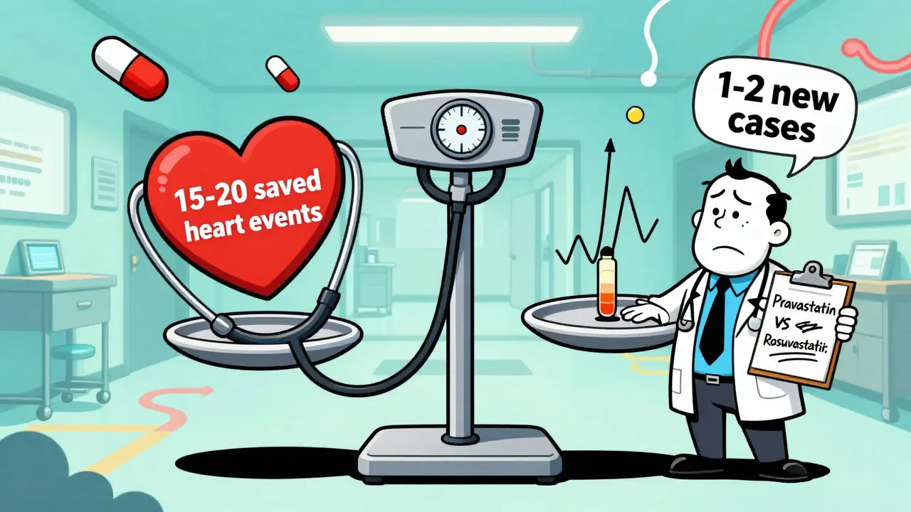 Medical scale tipping between saved hearts and one new diabetes case, doctor shrugging with pills floating around.