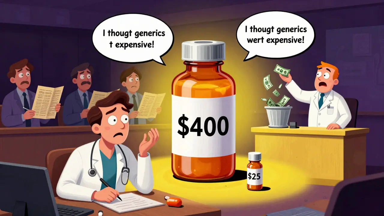 Medical student shocked by giant branded insulin vs tiny cheap generic pill in surreal classroom.