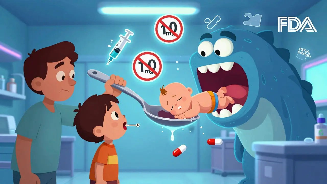 Parent using spoon to dose medicine as spoon turns into a monster swallowing the child.