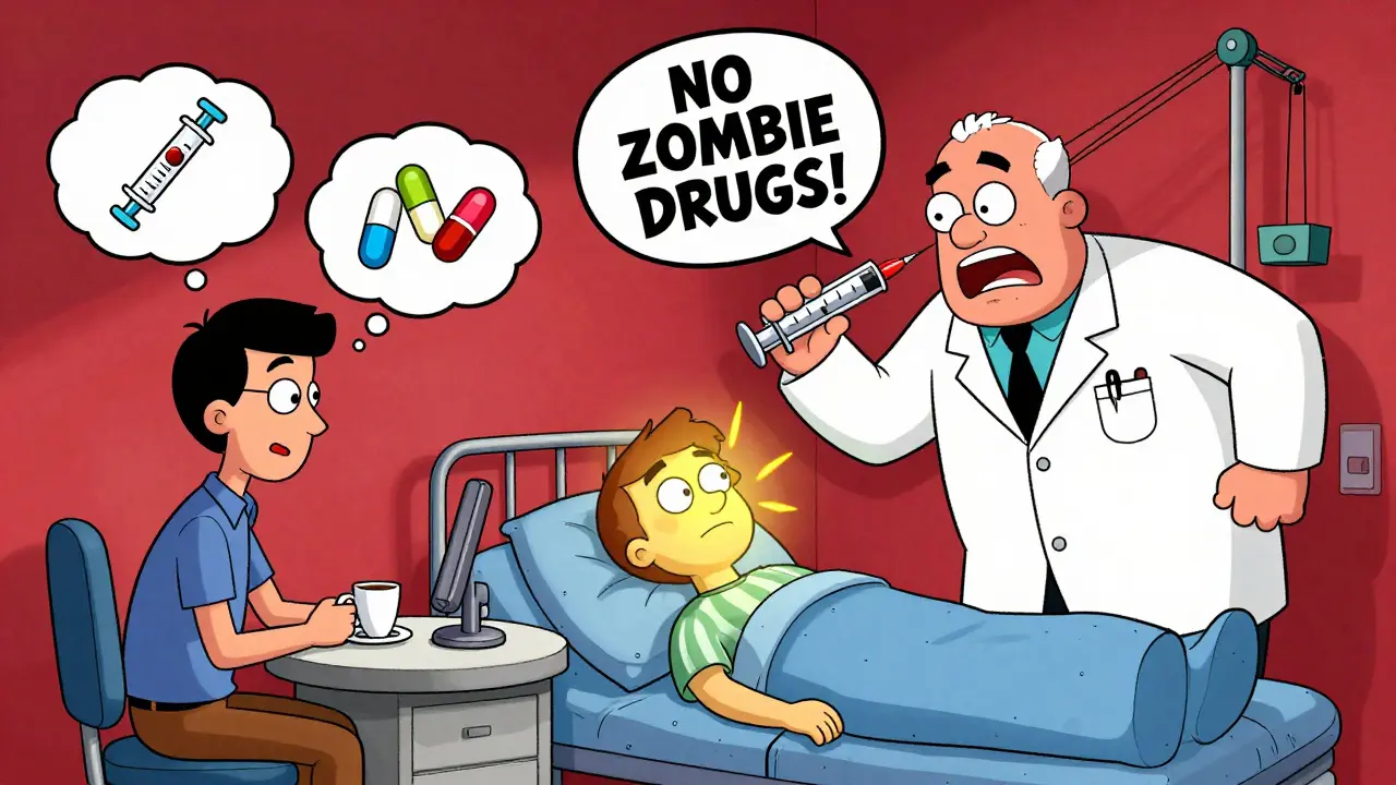 Person explaining medication wishes to an agent, contrasted with the agent rejecting a giant syringe in an ICU, both in exaggerated cartoon style.
