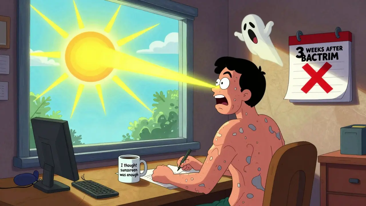 Person sitting by a window with sunburned skin, UVA rays glowing through glass, calendar showing weeks after medication.