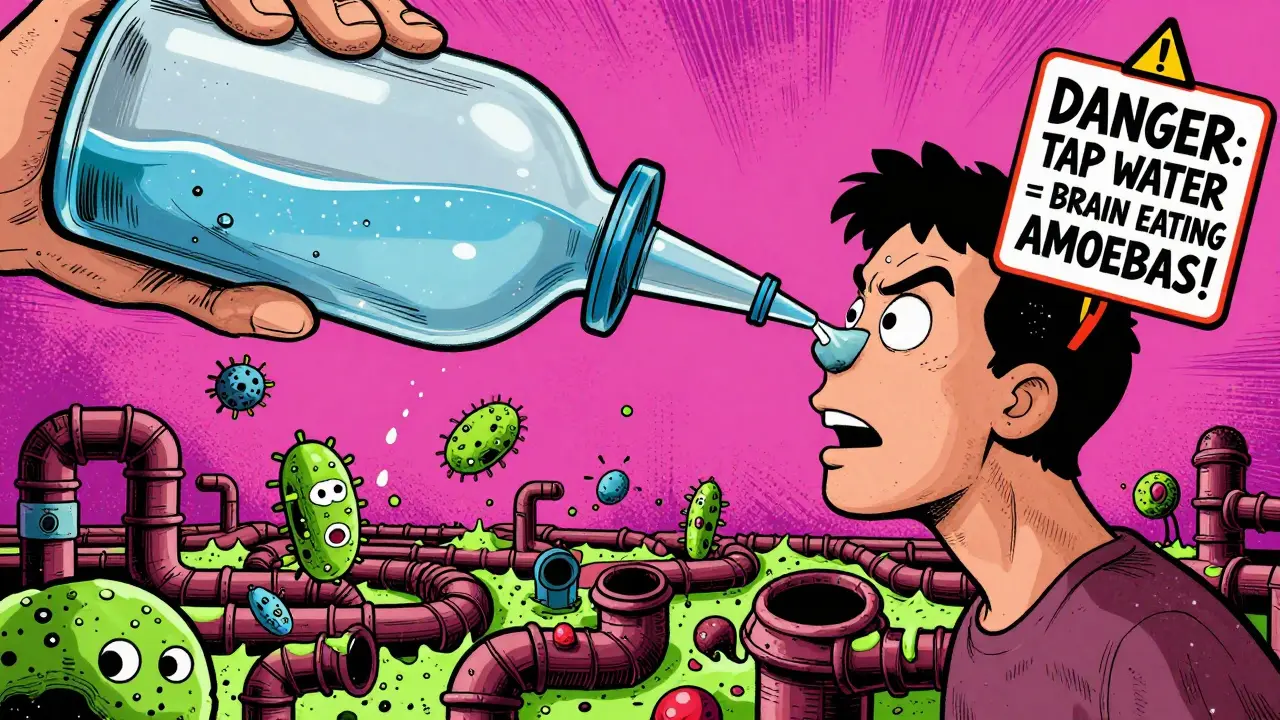 Person using neti pot with warning about tap water, bacteria dancing in mucus-filled sinuses.