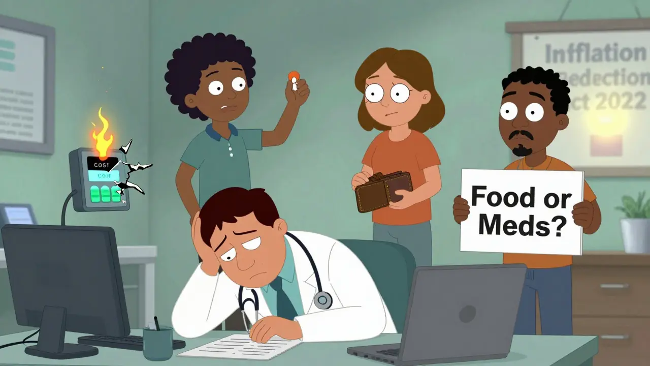 Physician overwhelmed by patients struggling to afford meds, broken cost tool smoking in background.