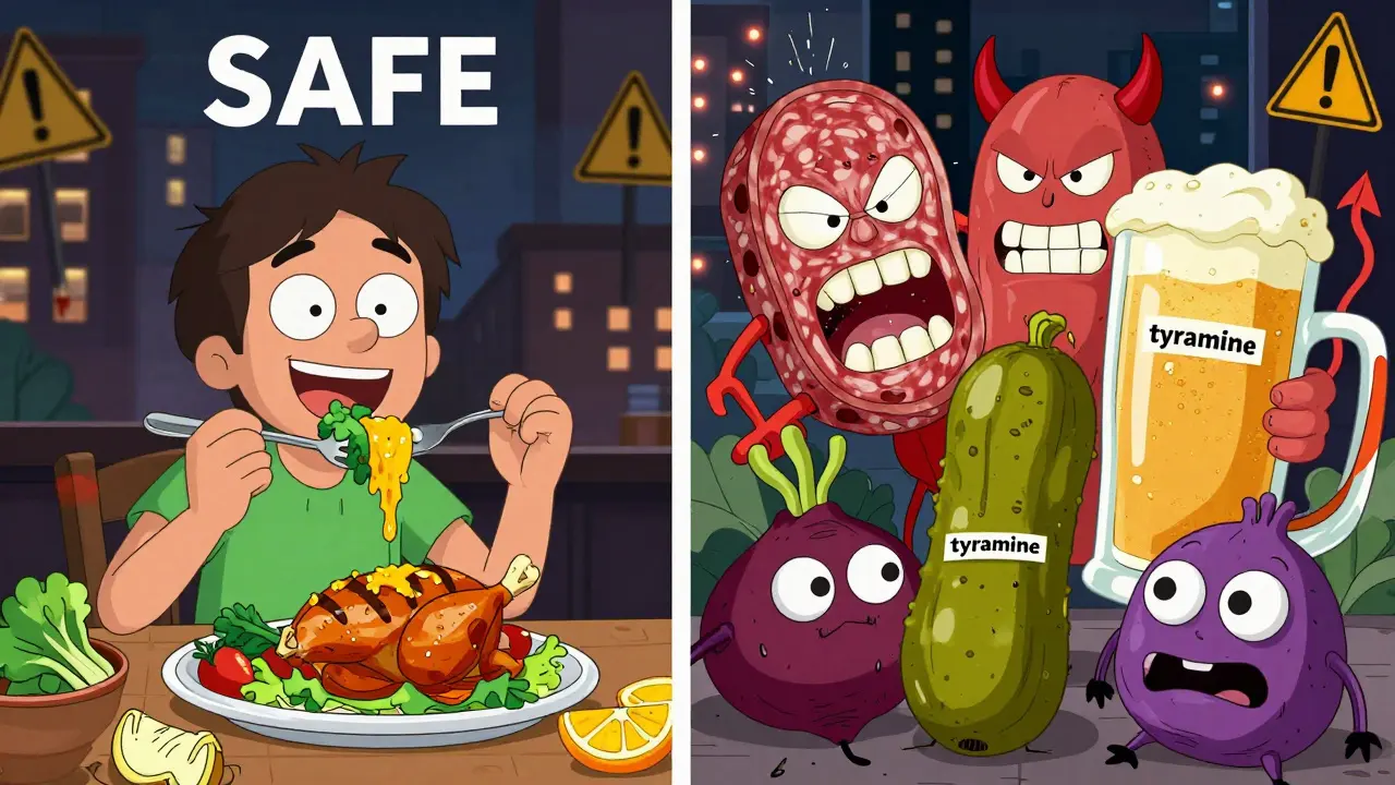 Split scene: safe fresh food vs. monstrous tyramine-rich foods looming over a person.