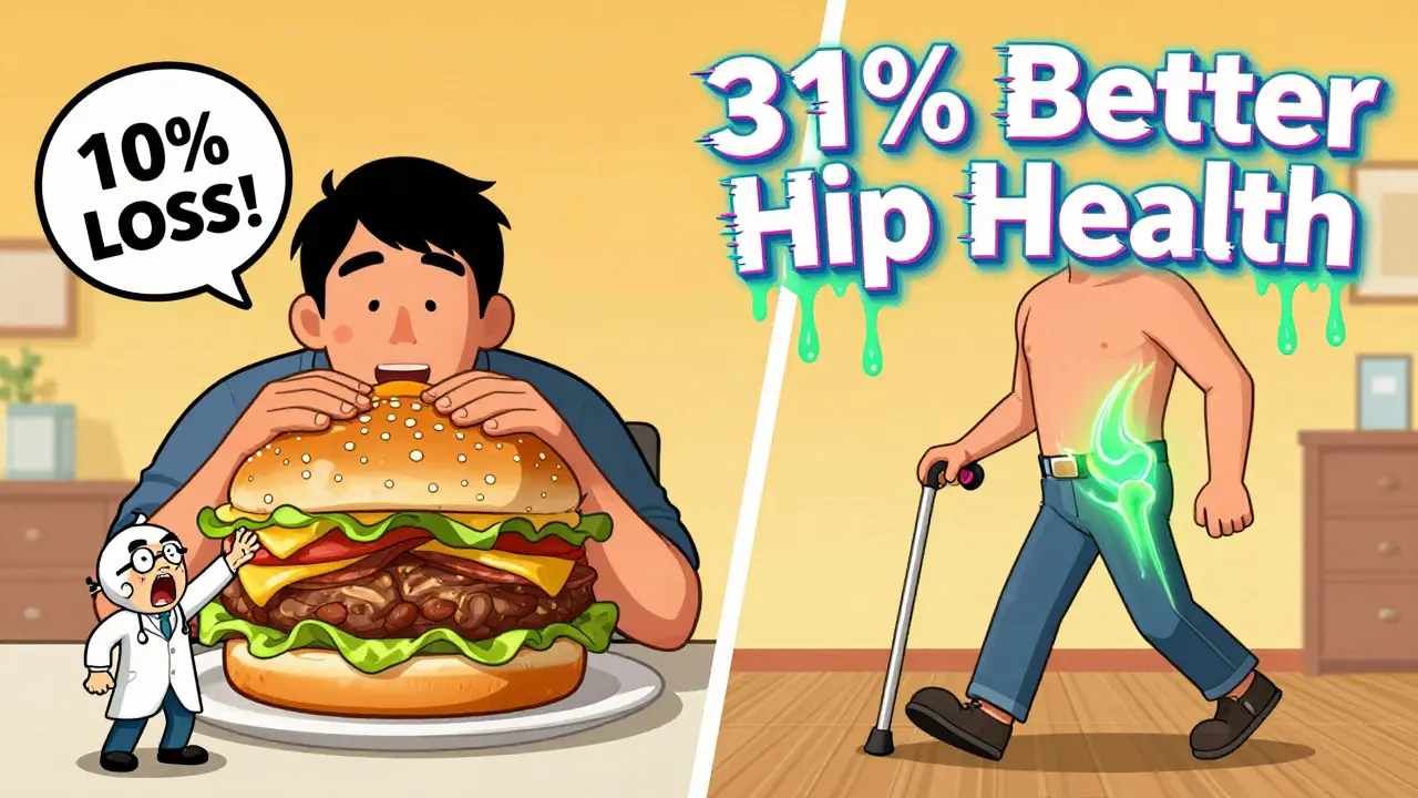 Split scene showing a person losing weight, with one side showing unhealthy habits and the other a healthy, glowing hip joint.
