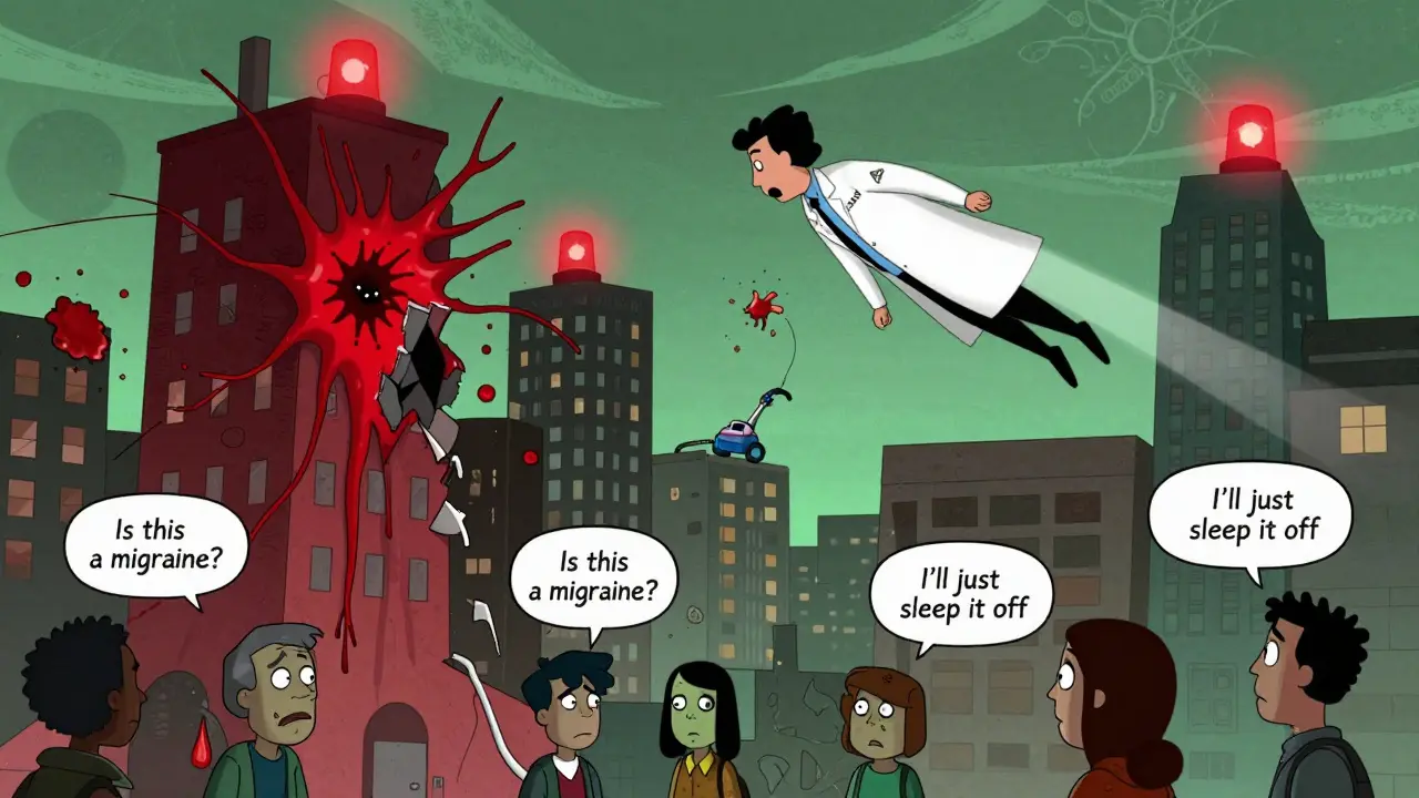 Superhero doctor rescuing neurons in a city of brain-shaped buildings, one collapsing from bleed, another being cleaned by vacuum.