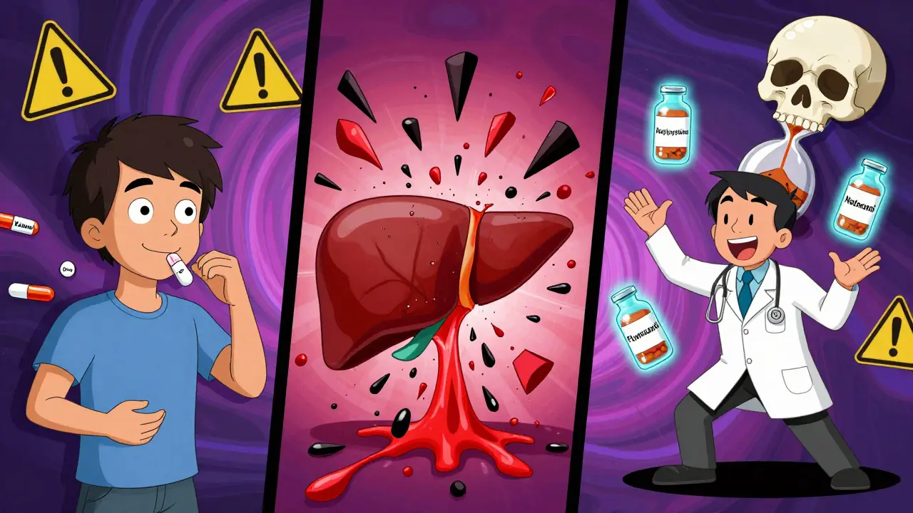 Surreal split-screen: person taking pills, exploding liver, doctor juggling three antidote vials in psychedelic setting.