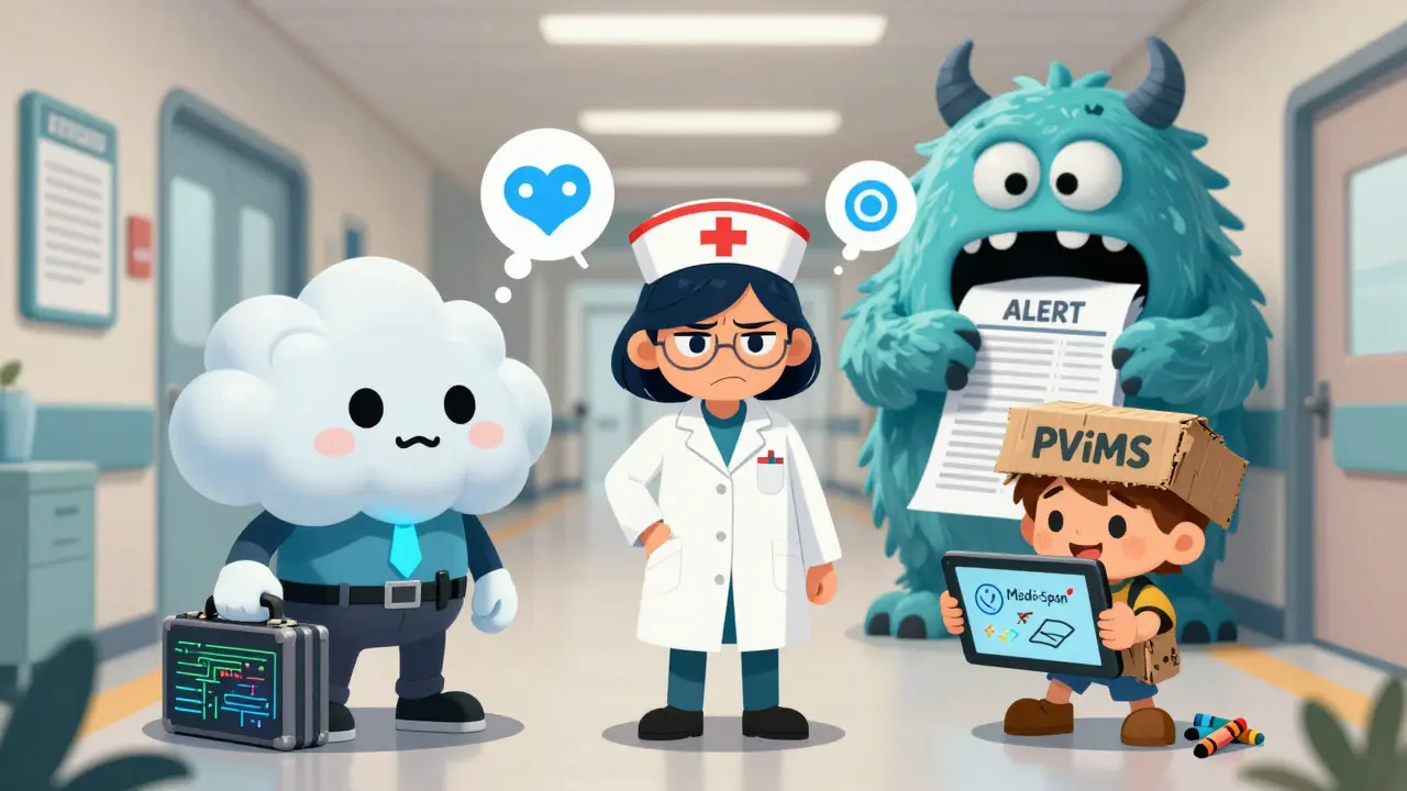 Three personified drug safety tools—tech bro, nurse, and kid—stand in a hospital hallway as an alert monster swallows paper forms.